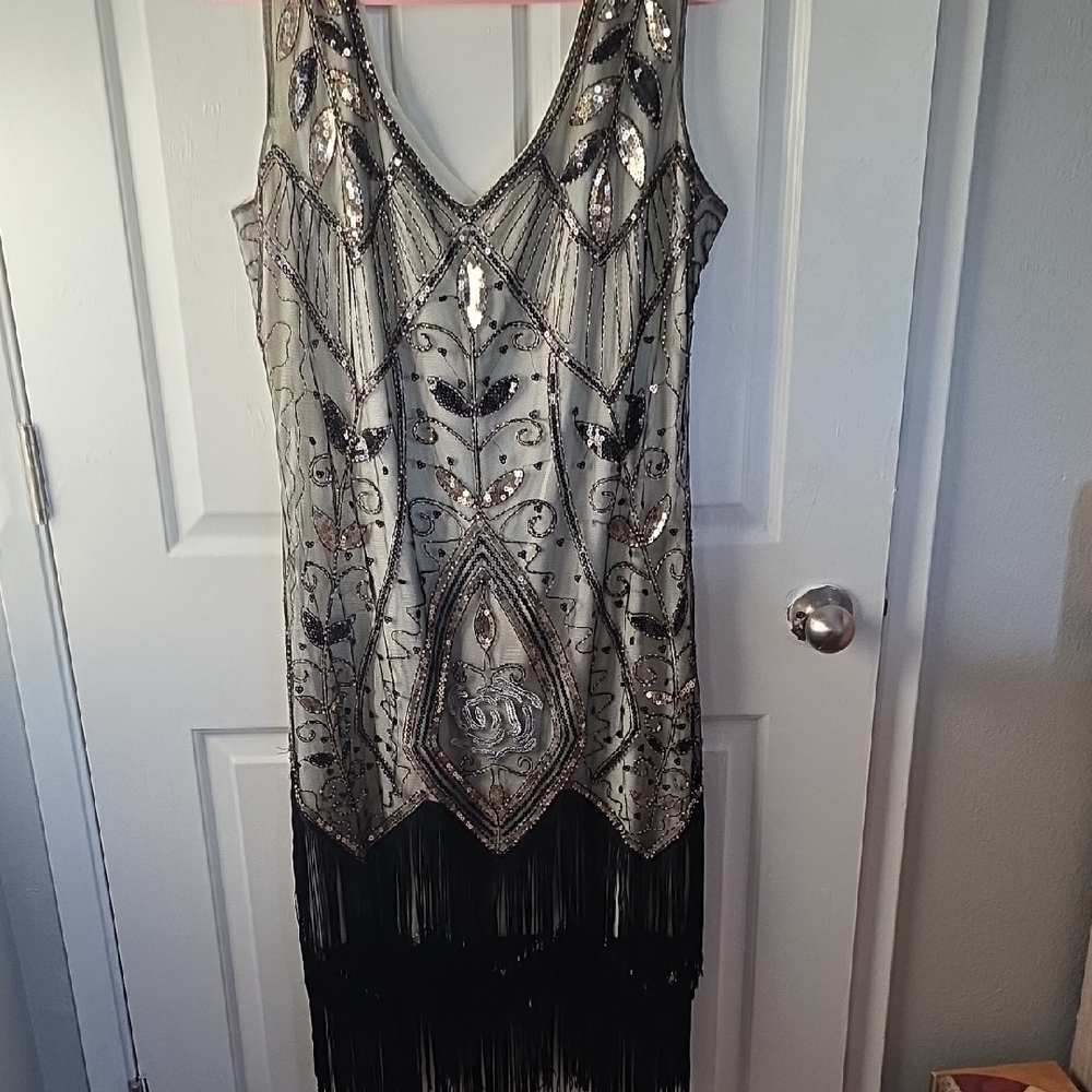 Glamorous Black and Silver Beaded Midi Dress